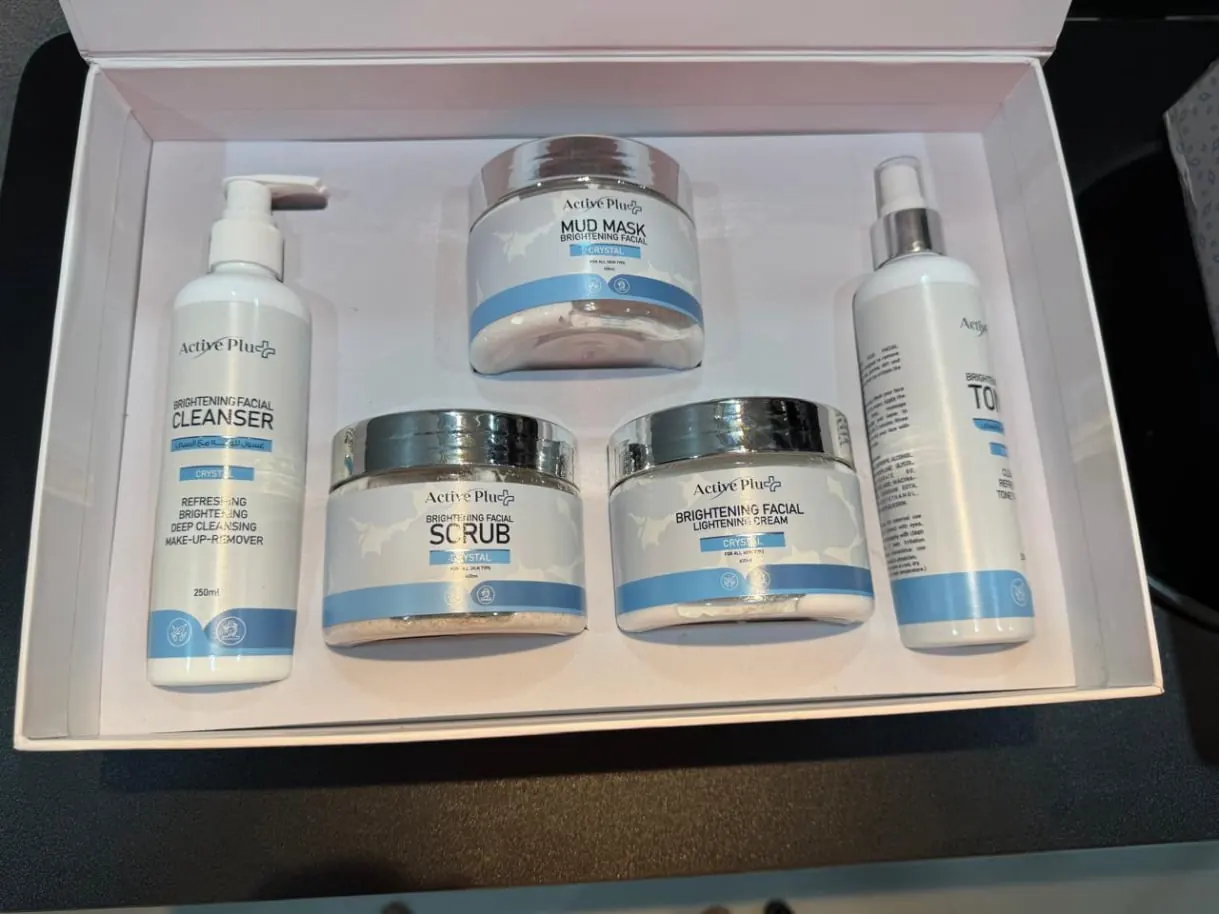 Five Active Plus skincare products in a presentation box