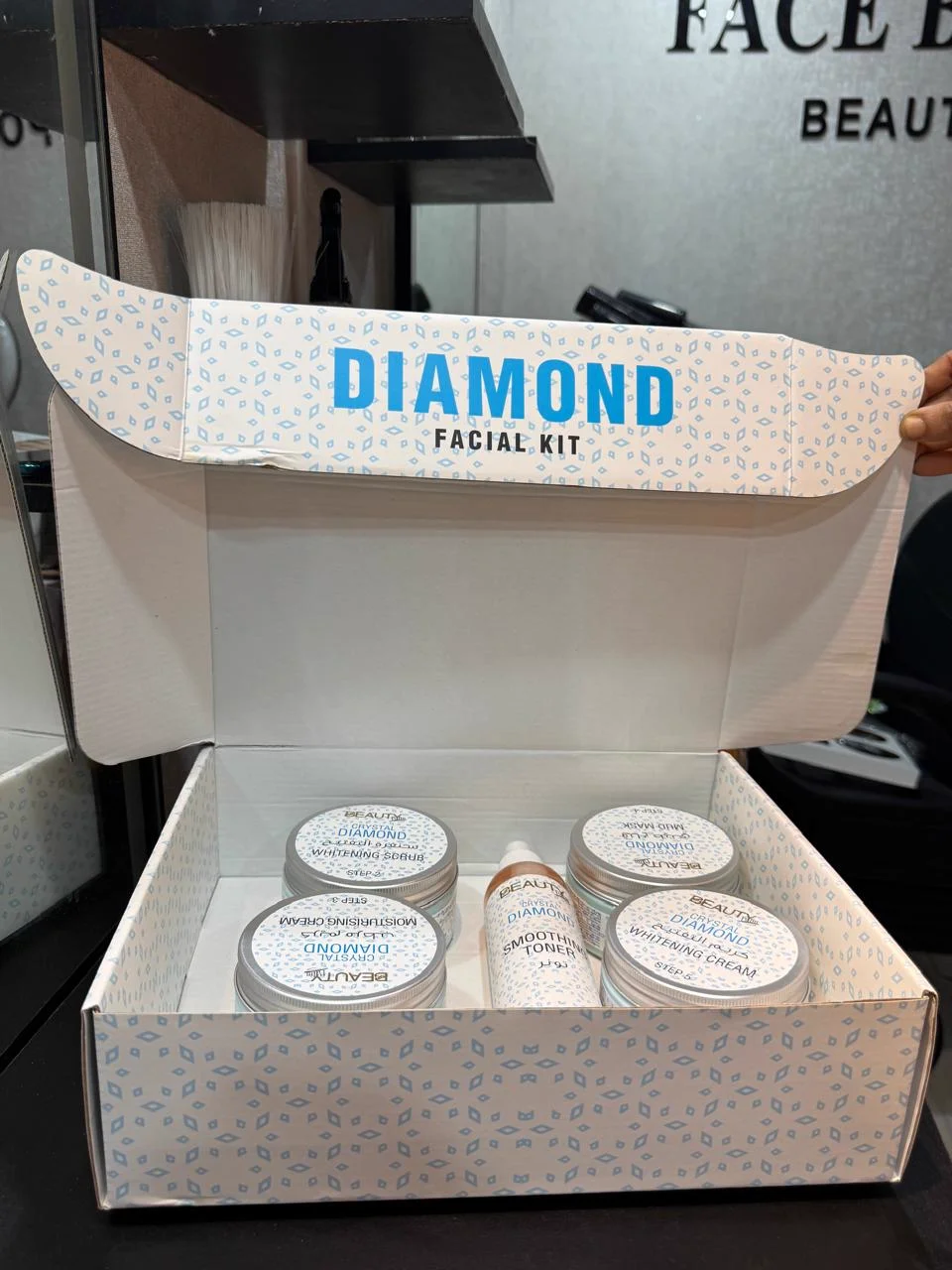 Beauty Palm Crystal Diamond Facial Kit on salon dressing table at Face by Sumona