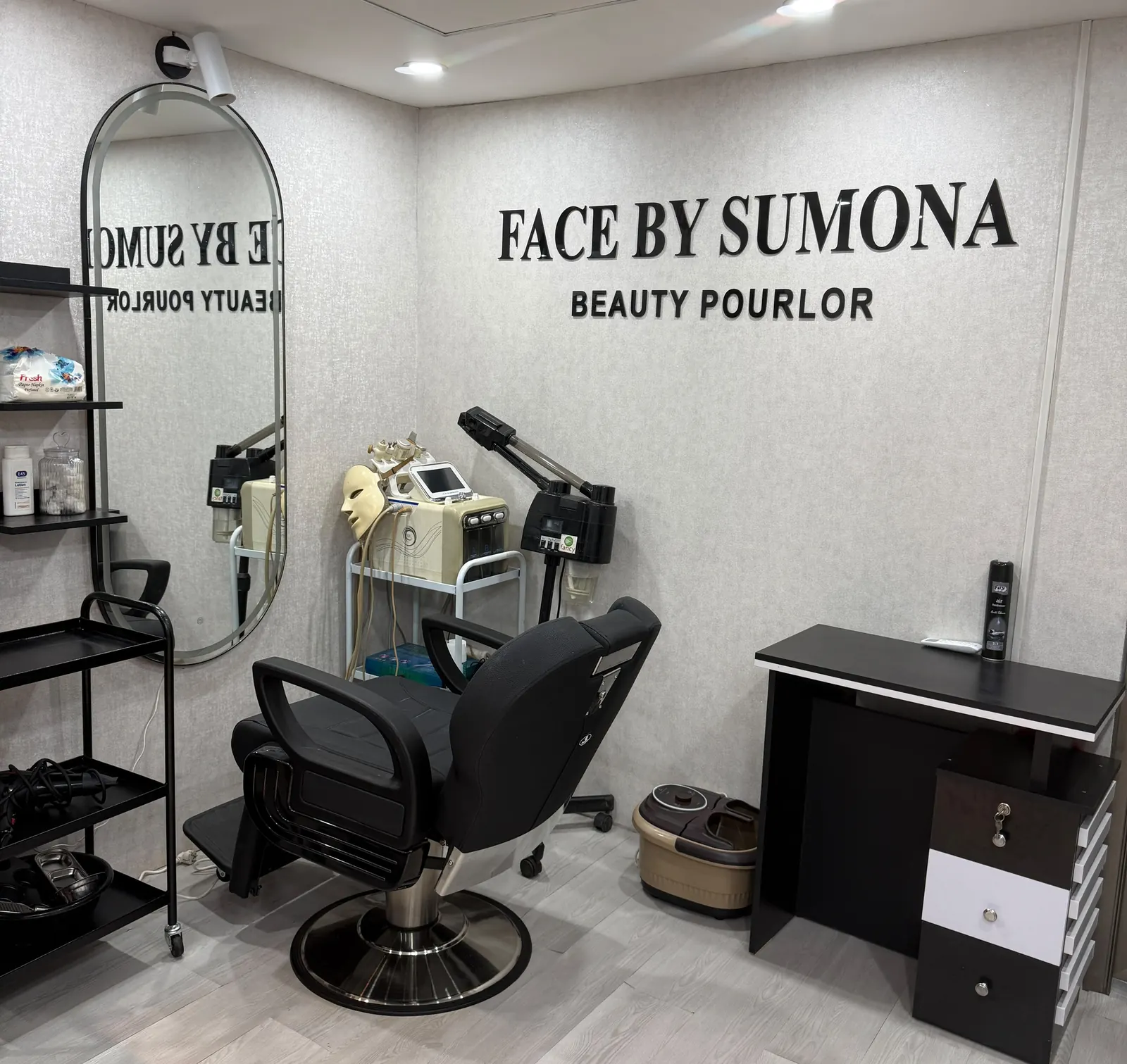 Interior of Face by Sumona beauty salon in Tongi with a styling chair, mirror and facial treatment equipment